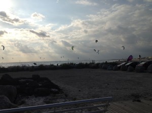 La Grande Motte, kite boarders fill the sky.