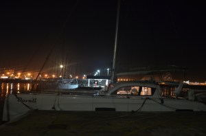 Davali at dock in Mallorca with full moon rising