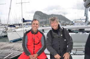 With Captain Jan, framed by the rock of Gibraltar, docked in the Spanish marina adjacent to Gibraltar (catamaran friendly)